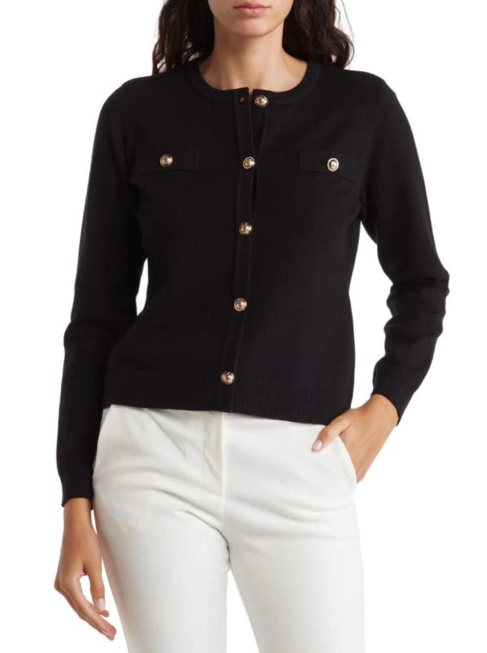 By Design Black Gold Crest Button Cardigan Sweater Small